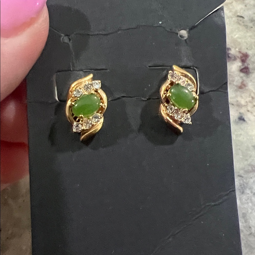 Gold-Tone Green Stone Crystal Accent Stud Earrings